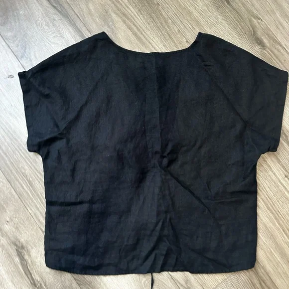 100% Black Linen Nicole Miller Black V-Neck Ruched Drawstring Top Shirt NWT - Picture 8 of 8
